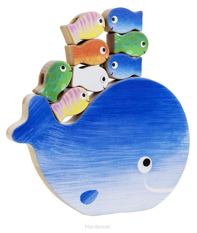 Genechten*4 in 1 Houten spel Klein wit visje. Stapel, hengel, tel en rijg