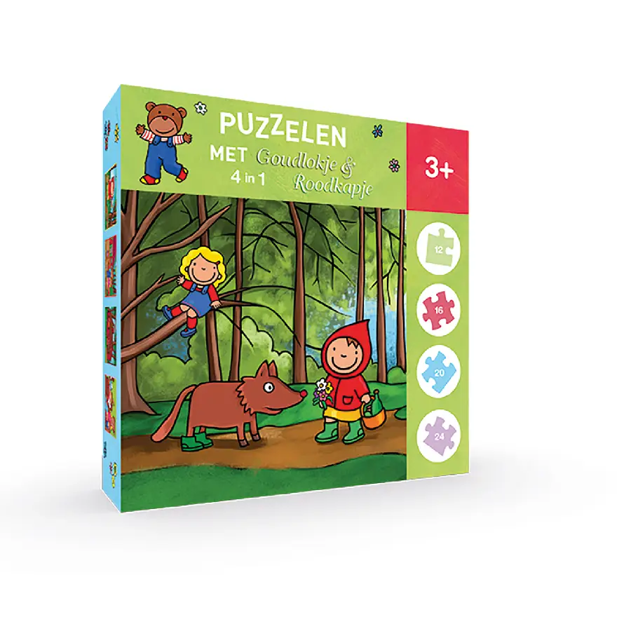 Puzzelen met Goudlokje en Roodkapje. 4-in-1-puzzel