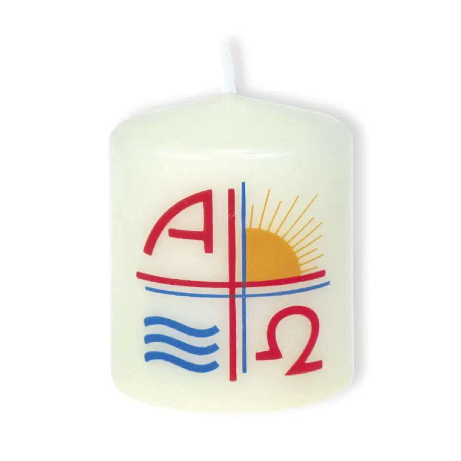 Stompkaarsje Alpha Omega nieuw 6 cm